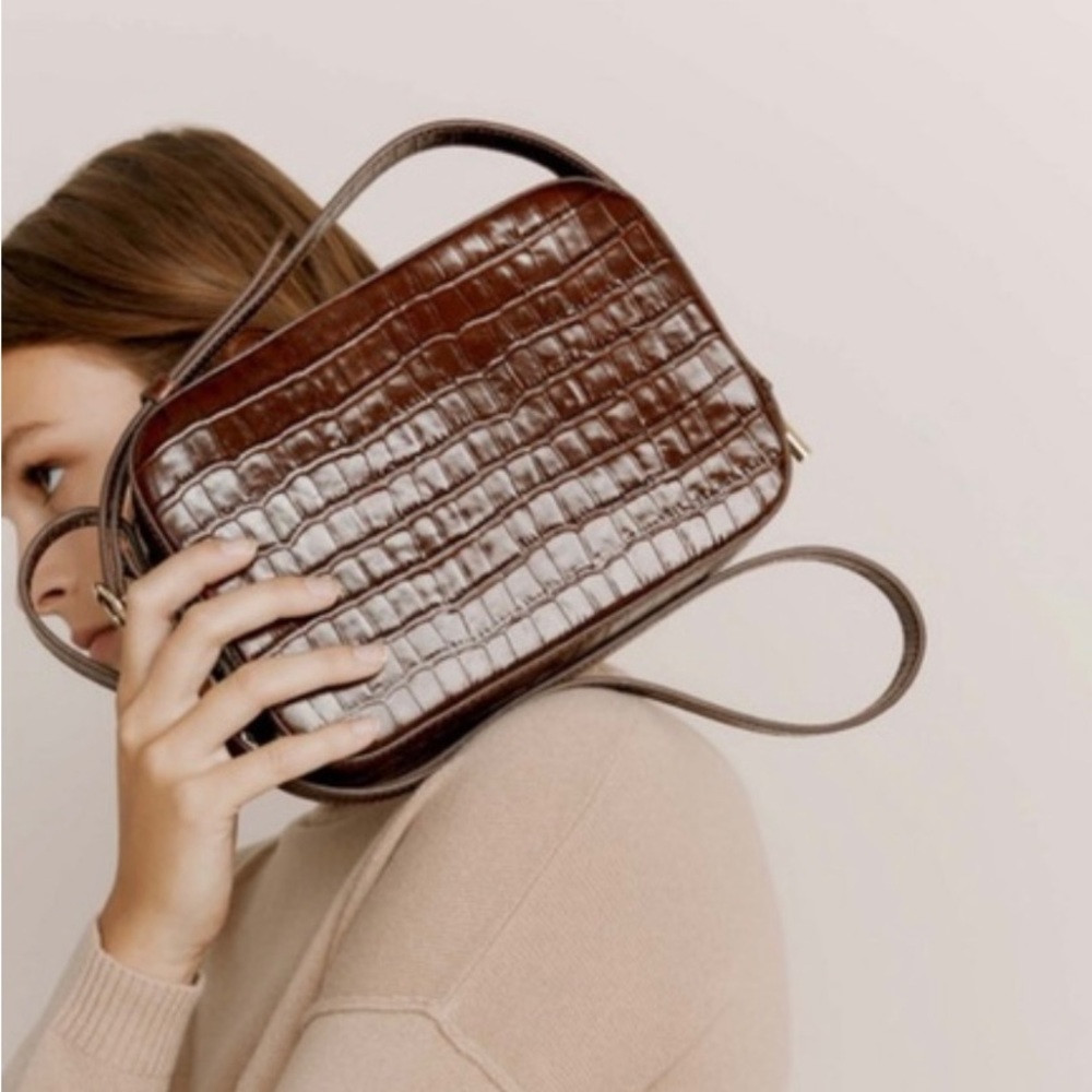 Cuyana Brown Croc-Embossed Leather Crossbody Bag